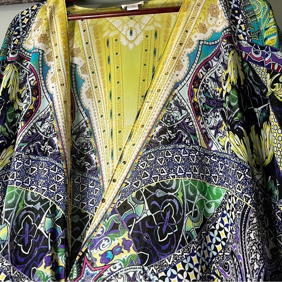 Chico's Vibrant Purple & Yellow Patterned Kimono Top Size L/XL Handkerchief Hem - Picture 3 of 8